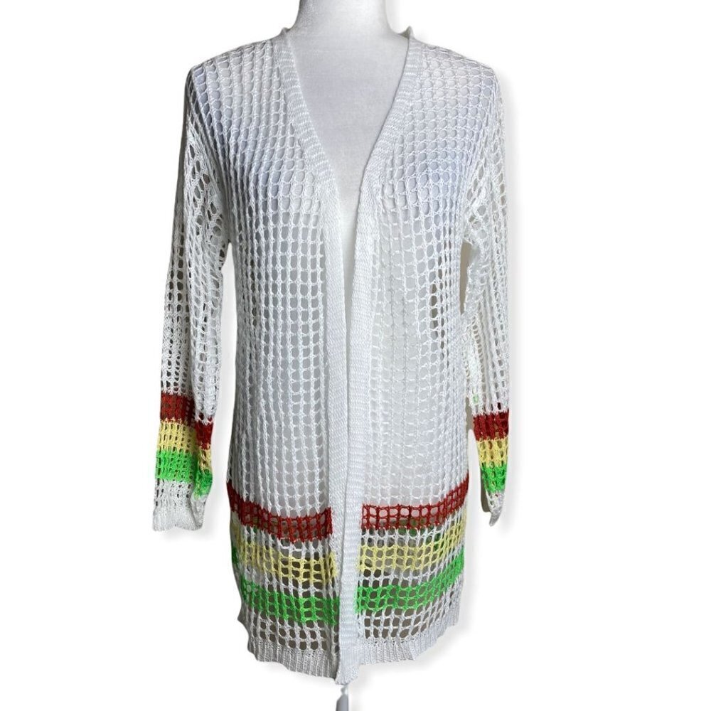 Crochet SWIM COVER UP NEW Boho Gypsy Beach Princess White Striped Womens Size L - Picture 3 of 13